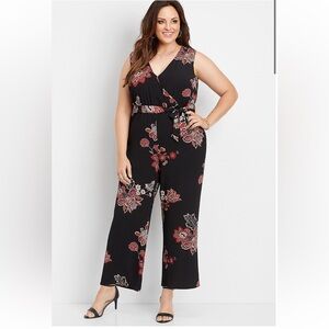 Maurices jumpsuit women’s XL black floral 1 piece boho wide leg whimsy goth Fall